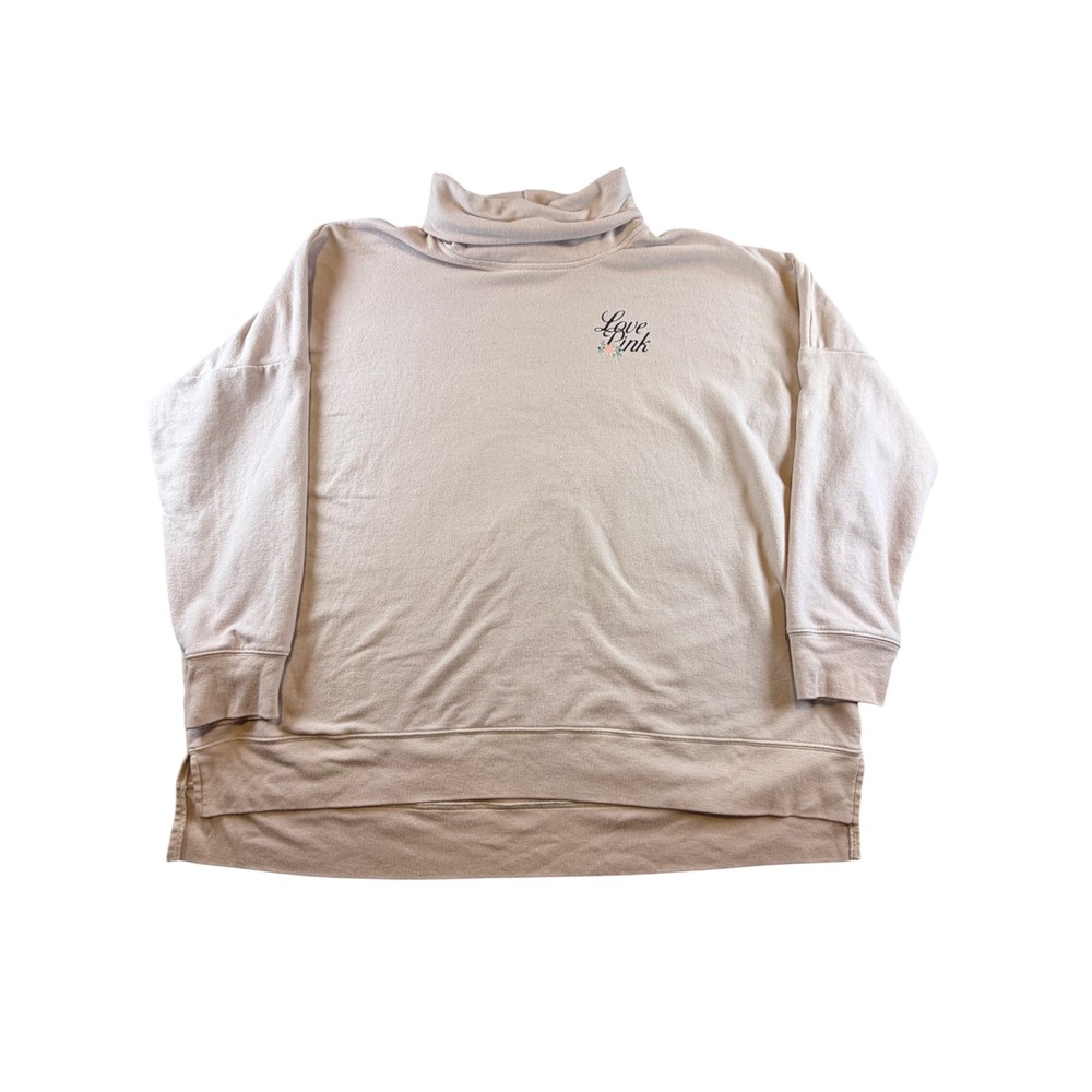 Victorias Secret PINK Funnel Neck Sweatshirt Tan Love Pink Floral Oversized L